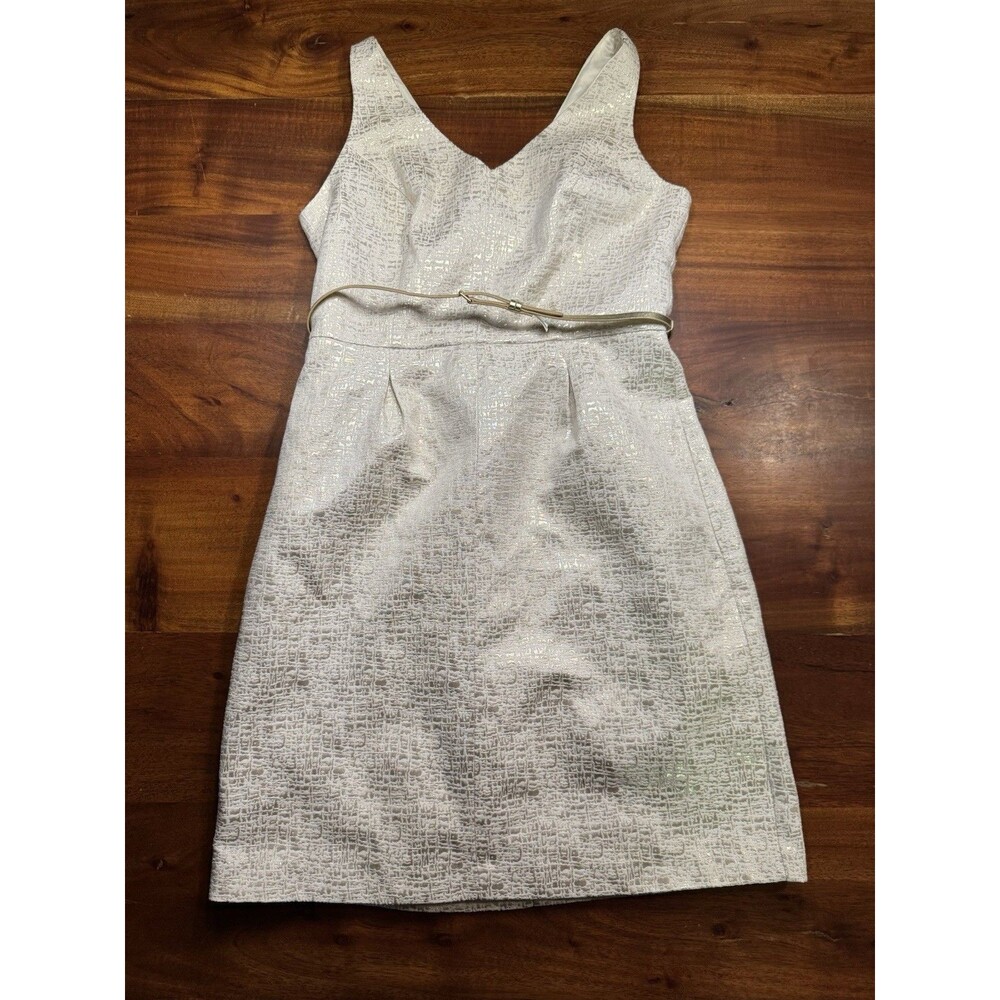 Tommy Hilfiger Metallic Gold Cream Jacquard Cocktail Dress Belted Pockets Sz 6